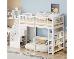 Hoogslaper 90 x 200 cm - hoge schutting - met kledingkast - planken en opbergruimte met veiligheidsladder - wit - zonder matras