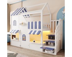 Hoogslaper 90 x 200 cm - kinderbed - huisvormig ontwerp - met ramen en dak - met LED-verlichting - wit en blauw - zonder matras
