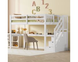 Hoogslaper - 90 x 200 cm - kinderhoogslaper met opberglades en bureau onder het bed - wit - zonder matras