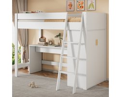 Hoogslaper - 90 x 200 cm - Met Bureau en Kast - Vrij Combineerbaar - Massief Hout - Wit