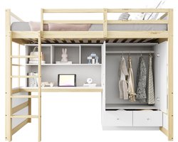 Hoogslaper 90 x 200 cm - met opbergruimte - bureau - kast en laden - eenpersoonsbed - houtkleur - zonder matras
