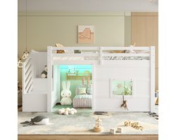 Hoogslaper 90 x 200 cm met opbergtrap – wit bed – voor kinderkamer en tienerkamer – praktisch ruimtebesparend ontwerp – praktische slaapoplossing voor dagelijks