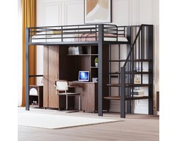 Hoogslaper 90 x 200 Stabiele metalen constructie met ruime opbergruimte onder het bed en trap Ideaal voor kinderen en volwassenen Opbergbed voor maximale ruimtebesparing, zwart