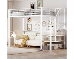 Hoogslaper 90 x 200 Stabiele metalen constructie met ruime opbergruimte onder het bed en trap Ideaal voor kinderen en volwassenen Opbergbed voor maximale ruimtebesparing,wit