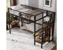 Hoogslaper - 90 x 200cm - bed met lattenbodem - zonder matras - bed met kledingkast en trap - bureau - zwart