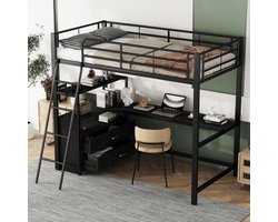 Hoogslaper, 90*200 cm, ijzeren bedframe, praktische lades, stijlvol L-vormig bureau, laminaatdesign, zonder matras, zwart