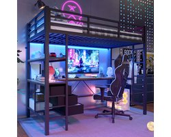 Hoogslaper, 90*200 cm, met Ledverlichting, Bureau, Stopcontact + USB-poort, 3 lades, Planken, Reling, trap, exclusief matras, Zwart