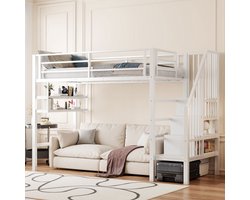 Hoogslaper, 90*200cm, legplanken, opbergladder, vrije ruimte onder het bed voor lambrisering, reling, zonder matras, wit