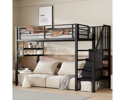 Hoogslaper, 90*200cm, legplanken, opbergladder, vrije ruimte onder het bed voor lambrisering, reling, zonder matras, zwart