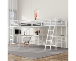 Hoogslaper 90*200cm, twee stapelbedden, tafel onder het bed, dubbele trap, hoge leuning, wit