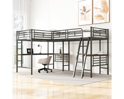 Hoogslaper 90*200cm, twee stapelbedden, tafel onder het bed, dubbele trap, hoge leuning, zwart