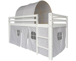 Hoogslaper 90x190 cm Kinderbed (zonder matras), wit grenenhout met katoenen tent, speelbed met veiligheidshekje en ladder