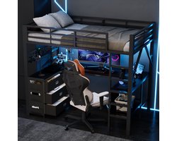 Hoogslaper - 90x200 Cm - Bed - Met Opbergruimte - Met Laden - Zwart - Zonder Matras