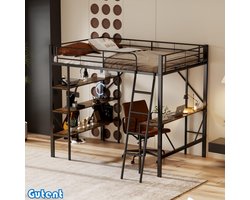 Hoogslaper - 90x200 cm-Iron bed-met bureau en drie grote planken-Zwart-Geen matras-Geen stoel