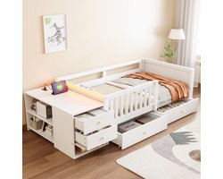 Hoogslaper 90x200 Cm - Kinderbed Met Bureau En Opbergruimte - Met Led Verlichting En Veiligheidshekje - Voor Slapen En Leren - Hout - Wit Zonder Matras