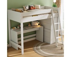 Hoogslaper 90x200 cm - kinderbed met bureau en verplaatsbare kast - massief houten bed met ladder en veiligheidshek - wit