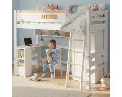 Hoogslaper 90x200 cm met Bureau en Kledingkast, Multifunctioneel Kinderbed met Opbergruimte en Uitvalbeveiliging - Grenenhout en MDF - Wit en Naturel