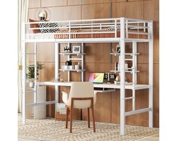 Hoogslaper 90x200 cm met bureau en twee boekenplanken - kinderen - tieners en volwassenen - wit