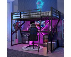 Hoogslaper 90x200 cm met bureau - kinderbed met ledverlichting en leuning, trap - ijzeren frame - zwart(matras niet inbegrepen)