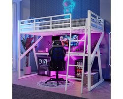 Hoogslaper 90x200 cm met Bureau - Kinderbed met ledverlichting, leuning en trap - IJzeren frame - Wit(matras niet inbegrepen)