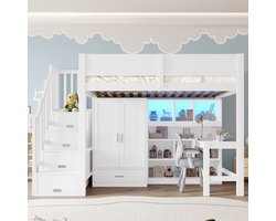 Hoogslaper 90x200 cm met Bureau, Kledingkast, Opbergladder, Planken en LED Verlichting, Massief Grenenhouten Bed, Wit
