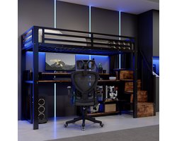 Hoogslaper 90x200 cm Met Bureaukast Trap, LED Verlichting, USB & Type-C, Opbergruimte, Metalen Bedframe Zwart Zonder Matras
