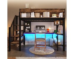 Hoogslaper 90x200 cm - met hoekbureau - opbergruimte - USB-C-aansluiting en LED-verlichting - bruin en zwart - zonder matras