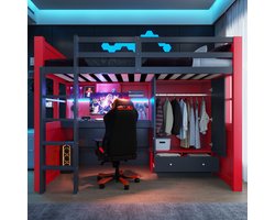 Hoogslaper 90x200 cm - Met Ladder, Opbergkast, Lades, Bureau - Zwart+Rood, Gaming-Stijl, LED Verlichting, Stopcontacten