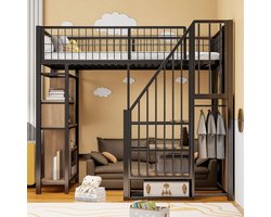 Hoogslaper 90x200 cm met Trap en Opbergkast – Metalen en Houten Bedframe met Bureau- of Opbergruimte Onder Bed – Ruimtebesparend Loft Bed 204 x 143 x 170 cm – Laura