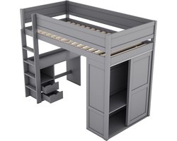 Hoogslaper 90x200 cm - multifunctionele wieg met kledingkast - bureau en lades - grijs