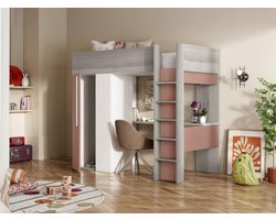 Hoogslaper 90x200 cm – Noaahome Kinder- en Tienerbed met Bureau en Kast – Roze en Wit, Hoog Slaapplatform, Hout, Multifunctioneel en Ruimtebesparend