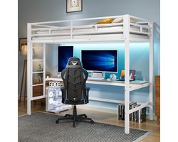 Hoogslaper - 90x200 cm - tafel met USB en stopcontact - met LED-verlichting - zonder matras - metaal - wit