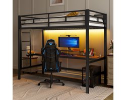 Hoogslaper - 90x200 cm - tafel met USB en stopcontact - met LED-verlichting - zonder matras - metaal - zwart