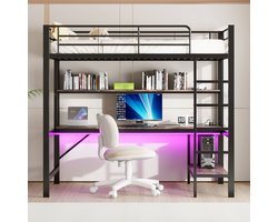 Hoogslaper - 90x200 cm - trapladder - met USB en stopcontact - met LED-verlichting - bureau - zonder matras - zwart