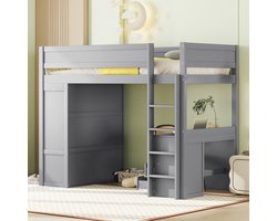 Hoogslaper, 90x200 cm, veelzijdig kinderbed, inclusief kledingkast, bureau en lades, grijs