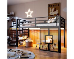 Hoogslaper 90x200 cm - Zwart Metalen Bed Met Trap, Opbergruimte, LED Verlichting En Raam