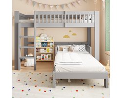 Hoogslaper 90x200 – Houten Hoogslaper met Uitvalbeveiliging – Modern Design – Massief Hout – Voor Kinderen en Tieners – Grijs
