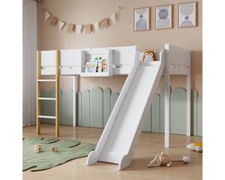Hoogslaper - 90x200 - Met Glijbaan En Rechte Ladder - Afneembaar Rek - Grenenhout MDF - Wit en Naturel