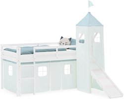 Hoogslaper 90x200 met glijbaan & toren, kinderbed hout grenen wit | Inclusief speelgordijn in mintgroen, stabiel massief houten stapelbed voor jongens en meisjes, met veilige valbeveiliging