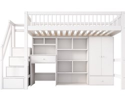 Hoogslaper 90x200cm kinderbed, eenpersoonsbed, multifunctioneel kinderbed, met bureau & trap & opbergruimte & kledingkast, zonder matras, wit