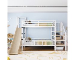 Hoogslaper 90x200cm - kinderbed - met glijbaan en opberstrap - met boekenplank - wit - zonder matras