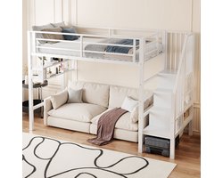 Hoogslaper - 90x200cm - Plank - Opbergladder - Vrije ruimte onder het bed voor aankleden - Reling - Geen matras - Wit