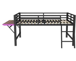 Hoogslaper 90x200cm Zonder Matras Eenpersoonsbed Zwart Metaal Met Bureau LED-Lichtband Met Reling En Ladder Met Opbergruimte Geschikt Voor Kinderen En Kleine Kamers