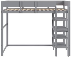 Hoogslaper 90x200cm zonder matras met bureau meerlagige opbergrekken en trap hoge omheining voor veiligheid stevig houten frame vrije ruimte onder het bed modern en eenvoudig ontwerp grijs