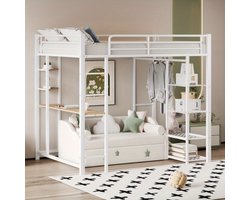 Hoogslaper – Bedbank – Stapelbed – Loftbed – Eenpersoonsbed – 90x200 cm – Met Opbergruimte en Bureau – Modern Wit Design