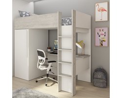 Hoogslaper Bo9 90x200 cm met bureau & kast - wit - Trasman - Hoogslaper - Wit - Melamine; Spaanplaat Eenpersoons Hoogslaper