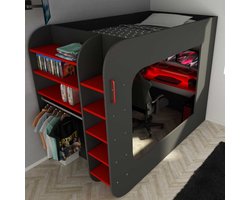 Hoogslaper Graham met gamebureau 120x200cm - antraciet/rood