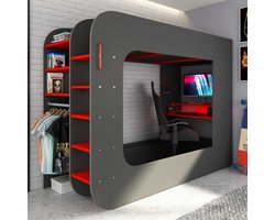 Hoogslaper Graham met gamebureau 90x200cm - antraciet/rood - Trasman - Hoogslaper - Antraciet; Rood - Spaanplaat Eenpersoons Hoogslaper