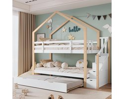 Hoogslaper Kinderbed 90 x 200 cm met Glijbaan, Stapelbed en Drietraps Ladder, Massief Houten Bedframe met Valbeveiliging
