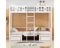 Hoogslaper Kinderbed 90x200 cm – Medahomestore Multifunctioneel Bed met Bureau, Opbergvakken en Banken – Stapelbed met Lattenbodem, Veilig Design en Ruimtebesparend – Wit Houten Kinderbed